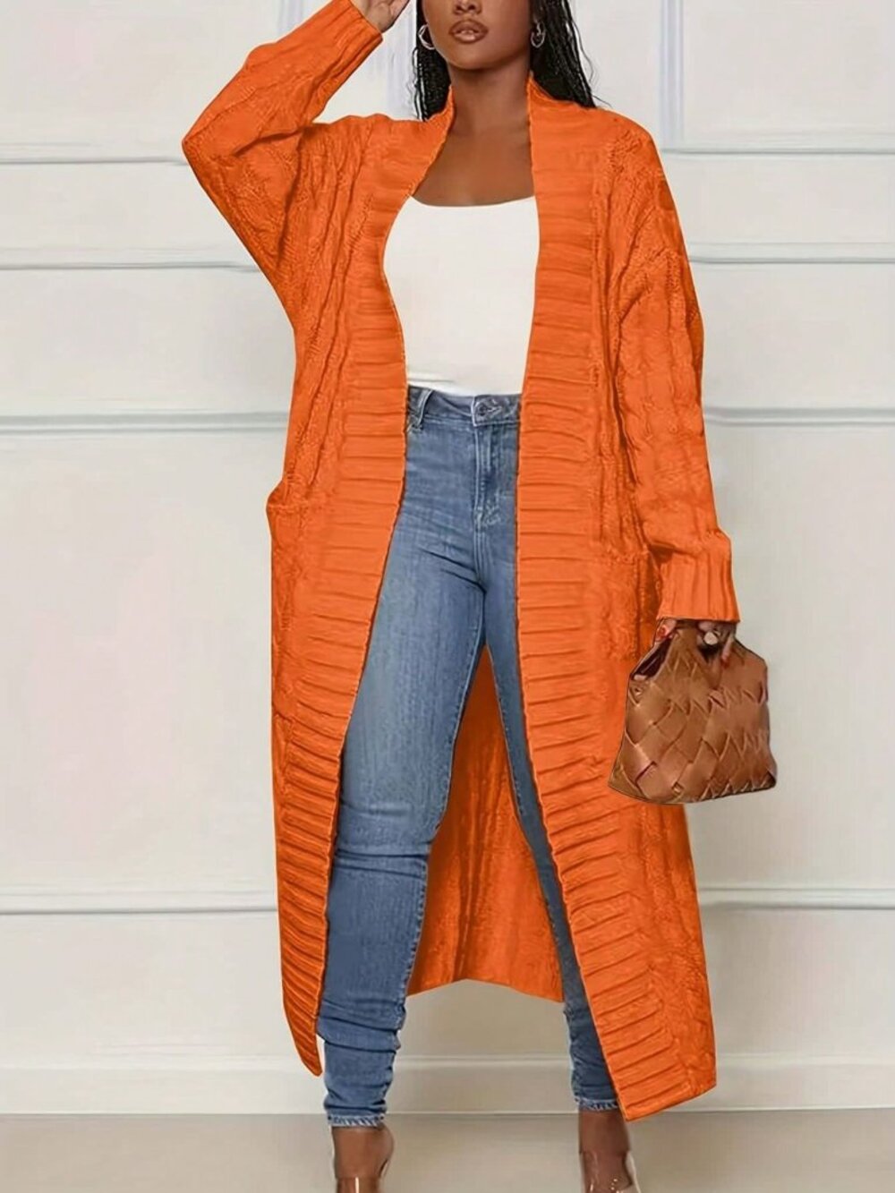 Orange Casual womens long knit open front pocket knit sweater Cardigan